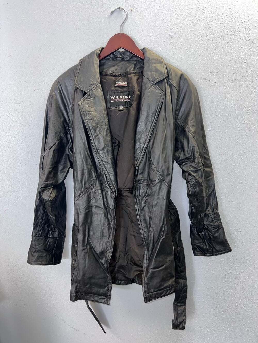 Vintage Wilsons Leather Jacket Womens XS Black Belted Trench Coat Thinsulate